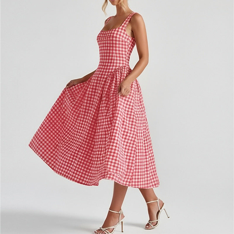 summer new women's clothing: cross-border export, european and american style, fashionable and elegant plaid square neck camisole waist-defining dress