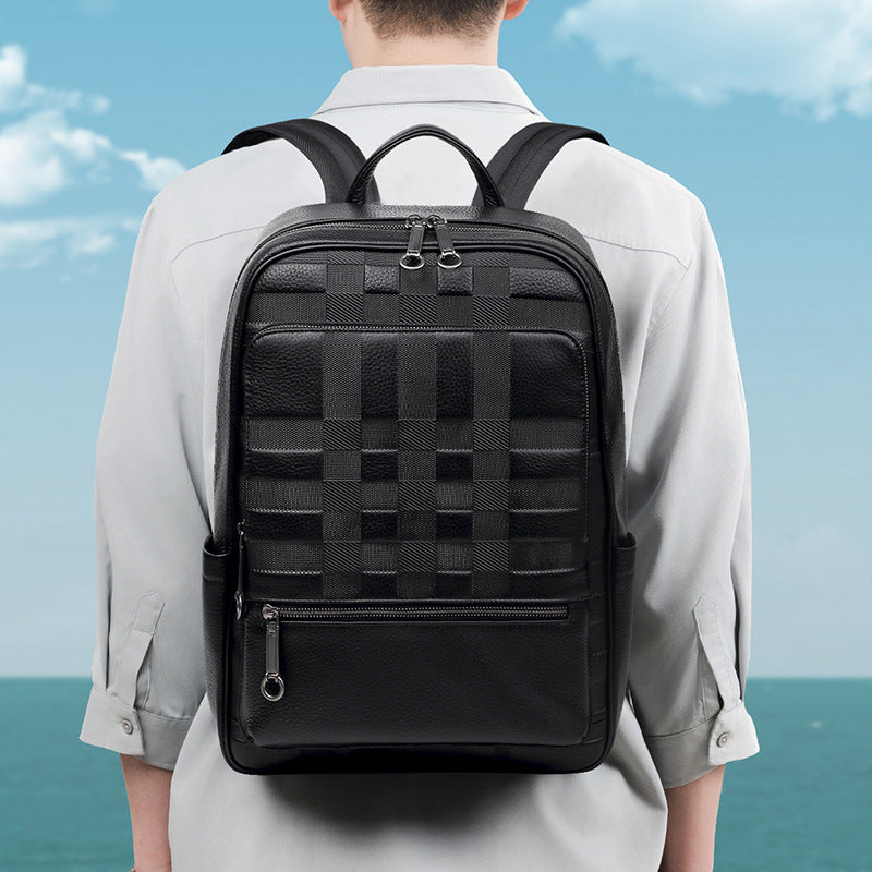 New embossed men's bag leather simple backpack solid color first layer cowhide backpack multi-functional computer men's backpack