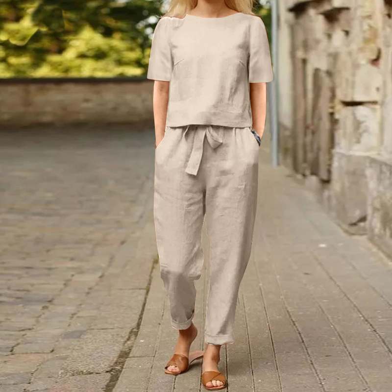 Spot   women's clothing cotton and linen summer matching set half-sleeved O-neck oversized blouse e wide legs, retro pants