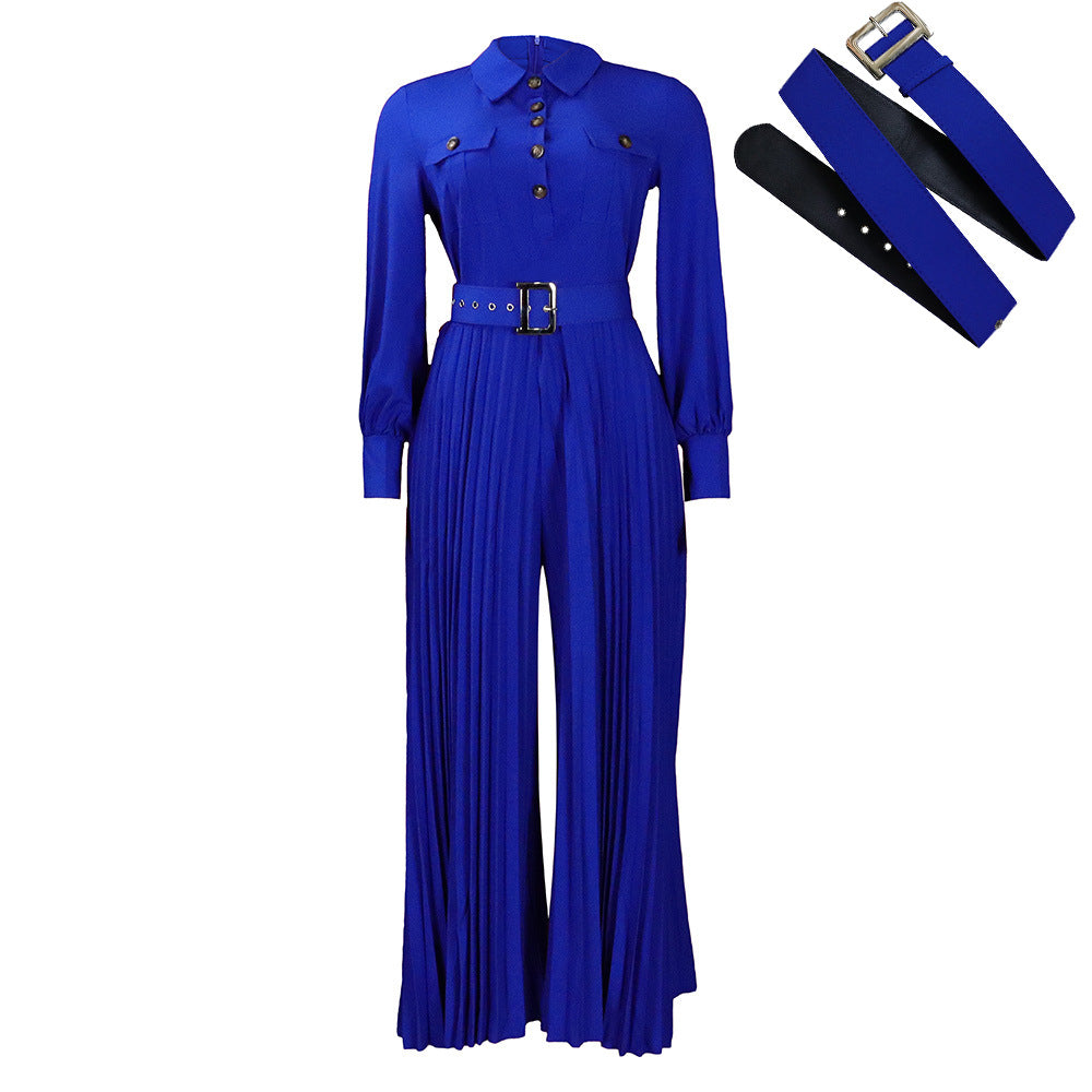 C8504 belted european and american style women's  spring/summer new long-sleeve casual loose pleated wide-leg jumpsuit - export quality