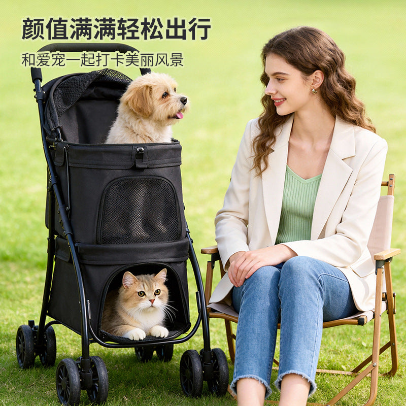 Double-layer pet stroller - lightweight, foldable, for small to medium dogs and cats - outdoor walking cart for dogs and cats