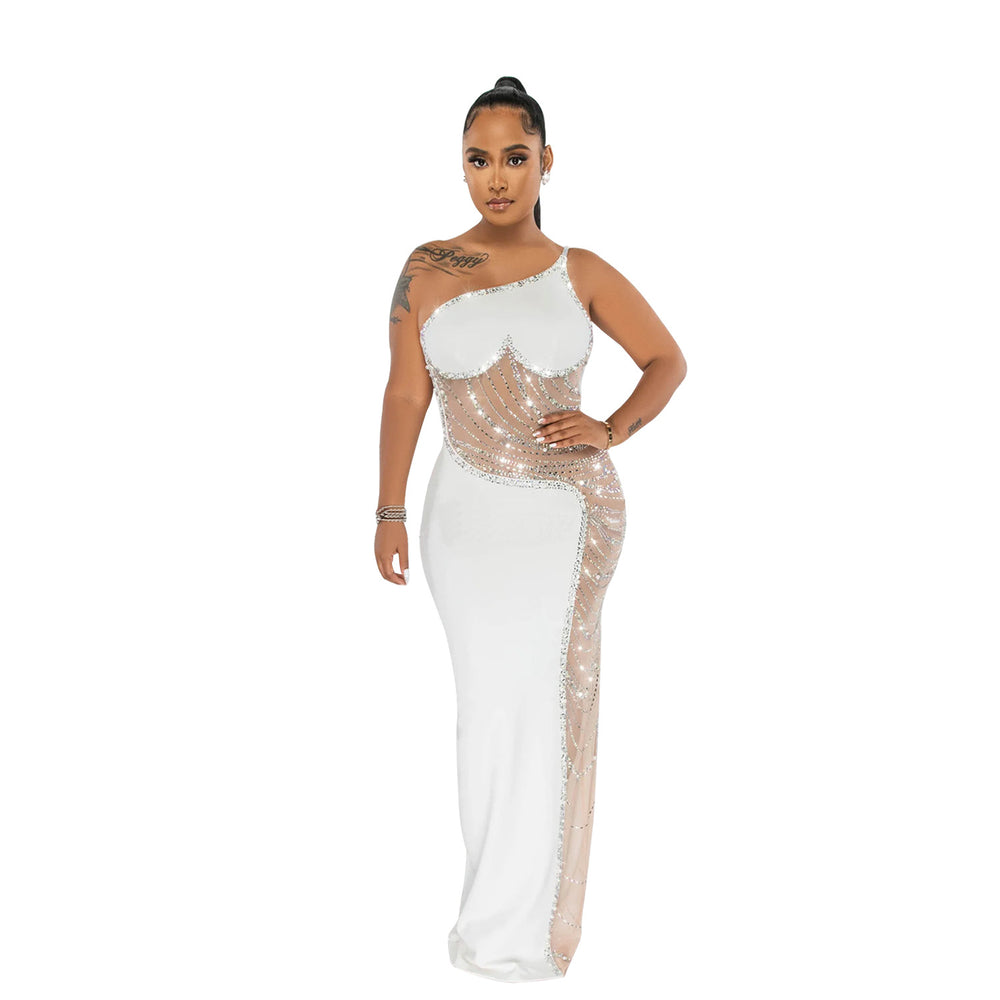 C6271 cross-border   fashion women's solid color rhinestone sleeveless cami maxi dress