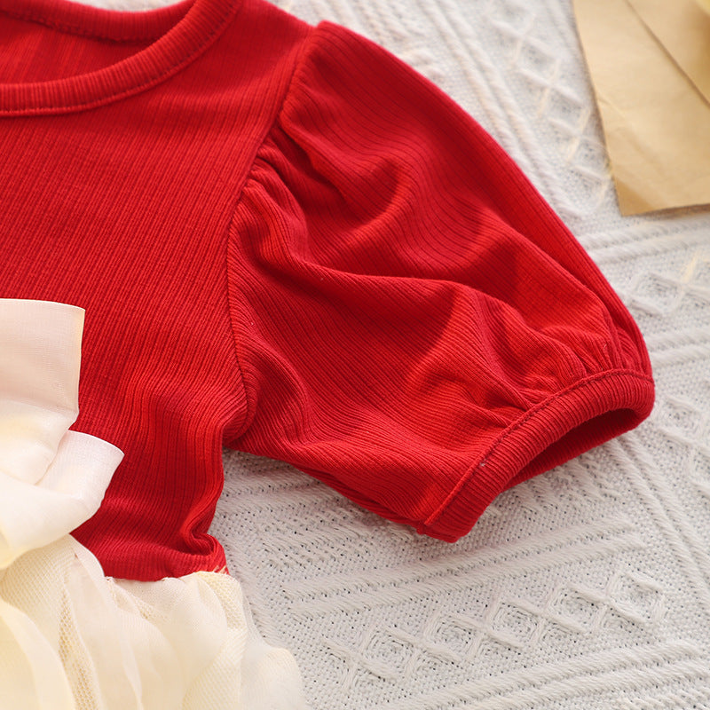 Girls' dress  summer new arrival: 3d bow, bubble sleeves, mesh, kids' princess dress - stylish and cute