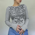 autumn new european and american fashion women's printed waffle knit crew neck pullover casual base layer top
