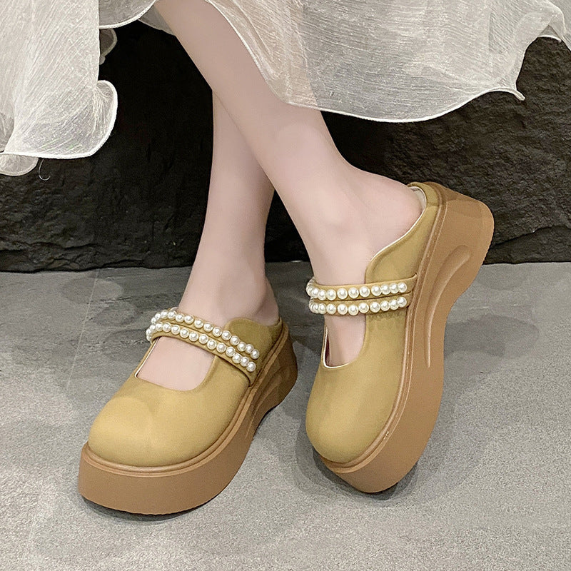 2025 spring/summer new french-style closed-toe mules - women's pearl-embellished platform mary jane slides, perfect for outdoor wear