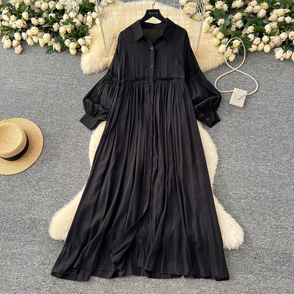 Vintage-inspired casual dress for women - spring  collection: pleated lantern sleeve, relaxed fit, single-breasted shirt dress