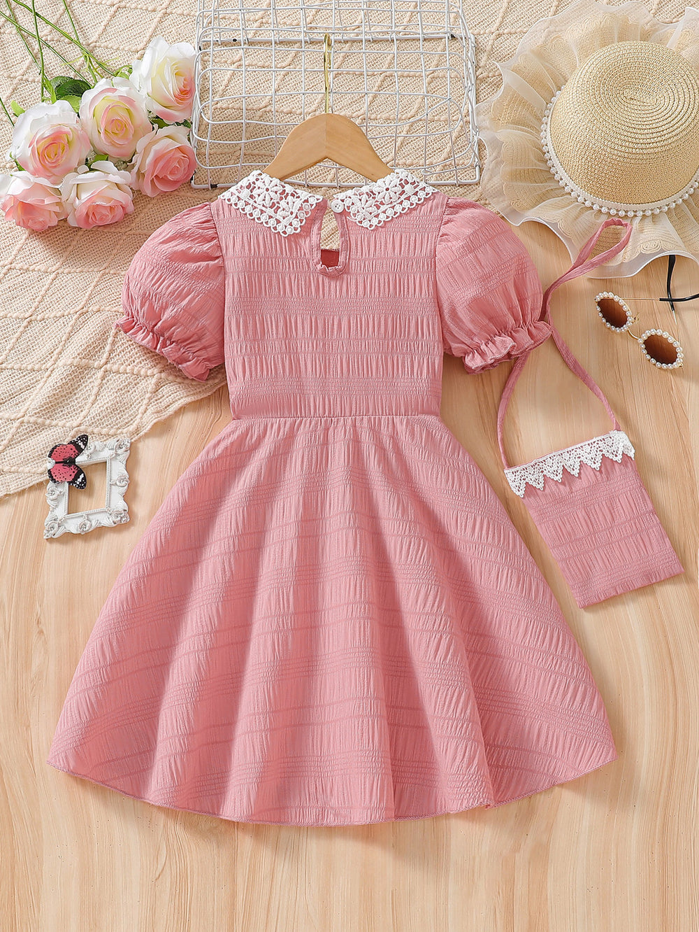 spring new arrivals: girls' european & american elegant style lace collar a-line dress with matching bag two-piece set