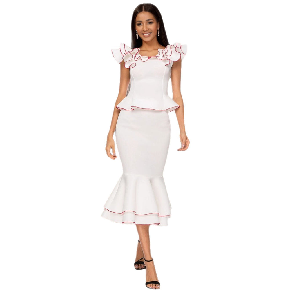 Elegant women's ruffle trim color block top and figure-flattering fishtail midi skirt two-piece set