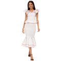 Elegant women's ruffle trim color block top and figure-flattering fishtail midi skirt two-piece set