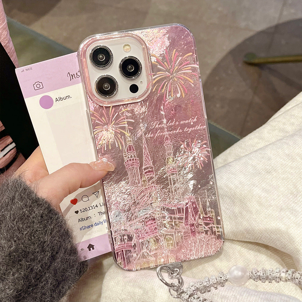 Large hole swirl shell case for apple 16 pro max, castle fireworks phone case, iphone 11 bracelet protective cover