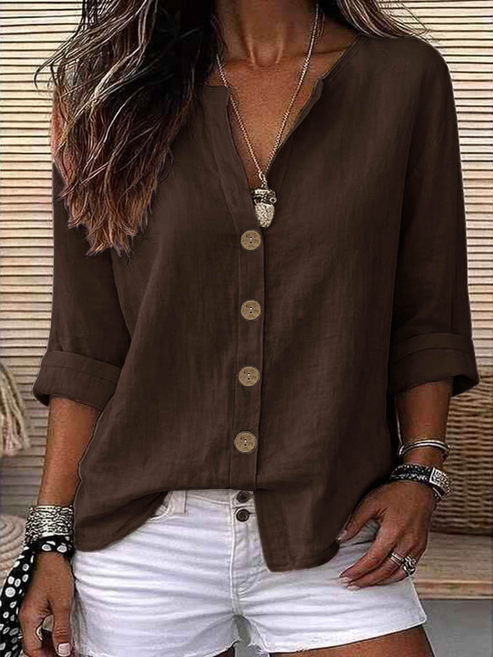 Exclusively for us & european cross-border e-commerce:  autumn beige cotton linen shirt - relaxed fit, v-neck, roll-up sleeves, mid-length top