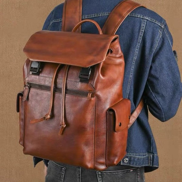 Retro first-layer cowhide backpack hand-rubbed genuine leather casual large-capacity travel backpack vegetable-tanned leather computer bag