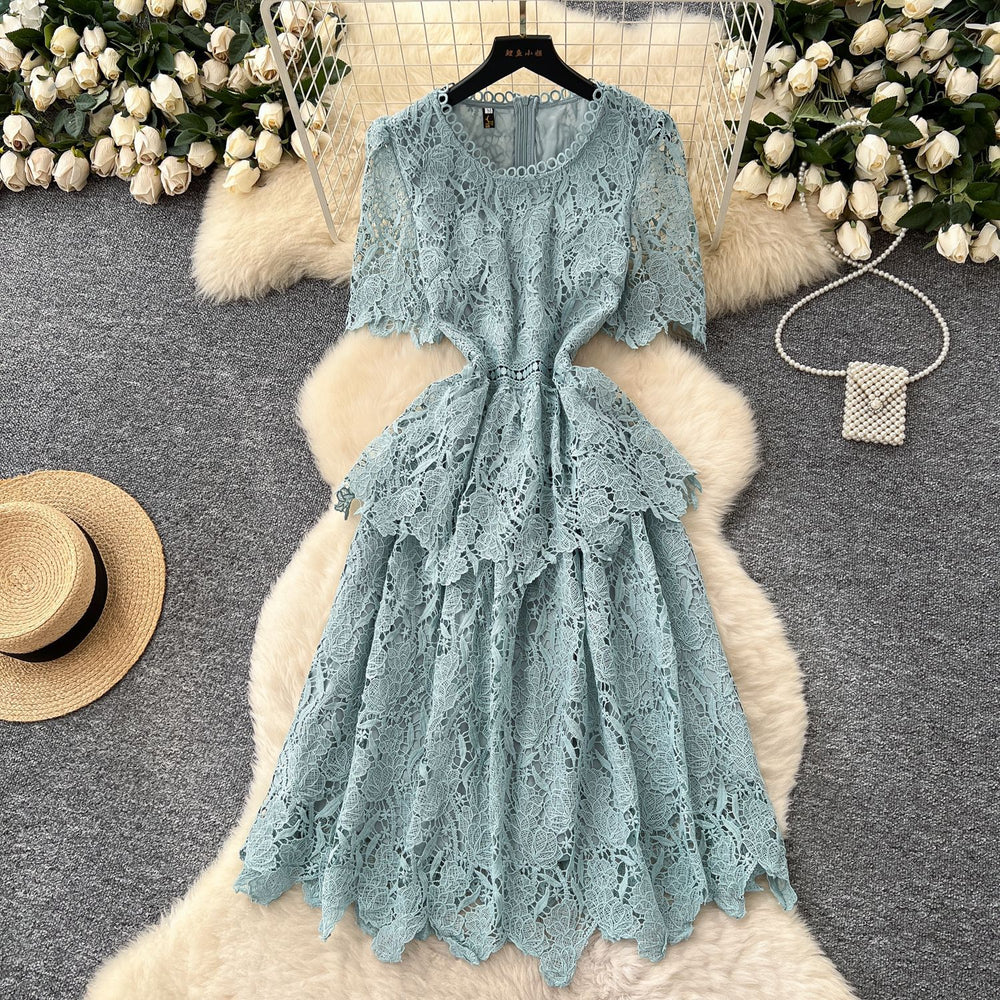 Korean style socialite retro short-sleeve dress - women's summer hollow-out crochet waist design - mature & chic midi dress