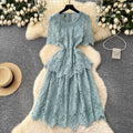 Korean style socialite retro short-sleeve dress - women's summer hollow-out crochet waist design - mature & chic midi dress