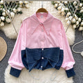 Spring korean style fashion design bowknot denim patchwork long sleeve shirt women's loose blouse top