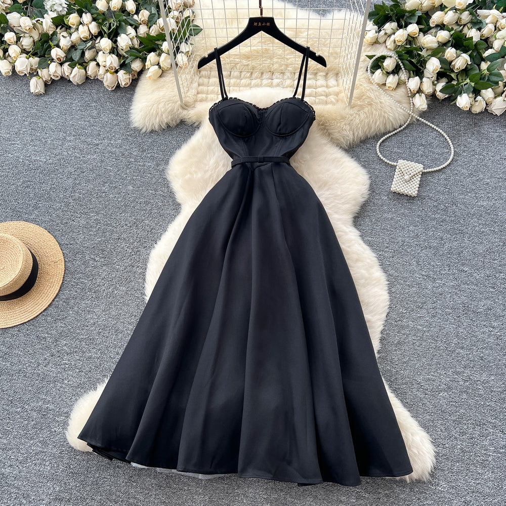 High-end elegance dress women's summer frenchaccessible luxury celebrity lace patchwork waist elegant suspender large swing dress