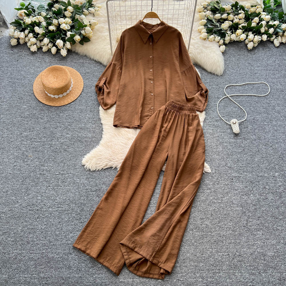 Relaxed casualsuit women's autumloose buttoned long sleeves single breasted shirthigh waistloose pantstwo-piece set