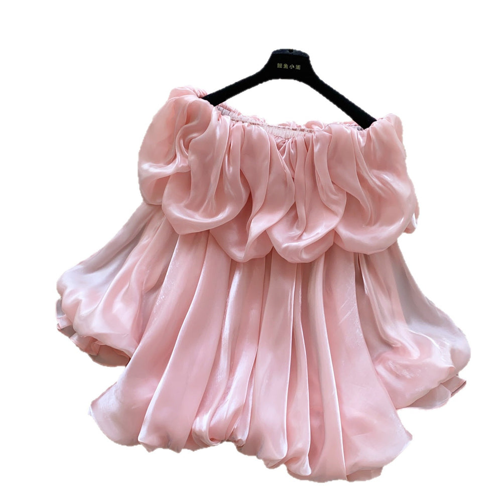 Korean style off-the-shoulder ruffle lantern sleeve blouse - women's spring new arrival, chic, trendy, and versatile pink top for work and casual wear