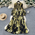 French printing women's long sleevesstereo flower v neck waist dress slimming look holiday style long skirtelegant