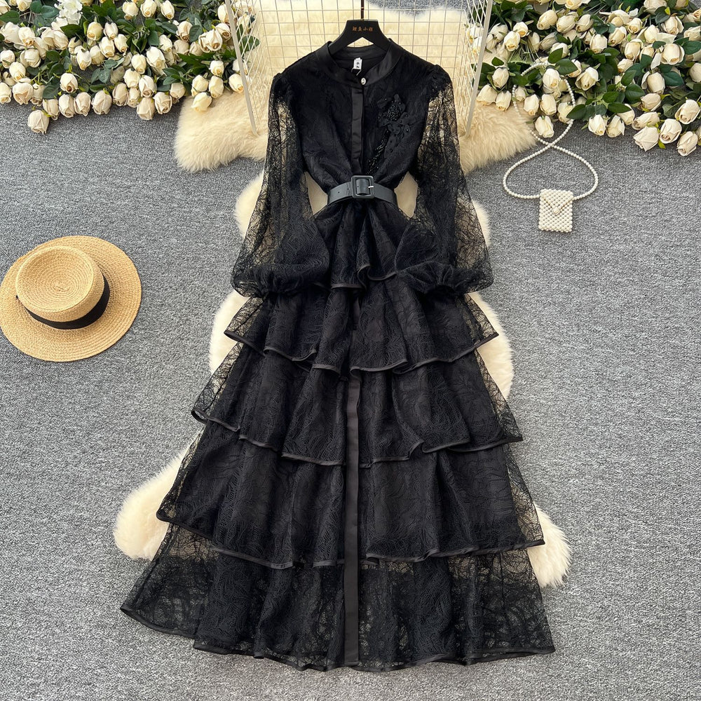 French chic luxury beaded floral tie-waist lantern sleeve single-breasted lace ruffle dress