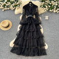 French chic luxury beaded floral tie-waist lantern sleeve single-breasted lace ruffle dress