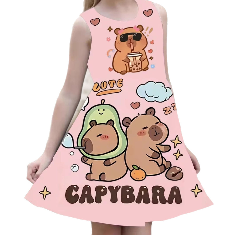 Trendy animal cute capybara print sleeveless summer dress - 100% polyester, machine washable