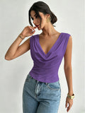 Fashion cross-border summer new arrival swing collar sleeveless t-shirt waist slimming look pure desire style easiest for matchshorttops women