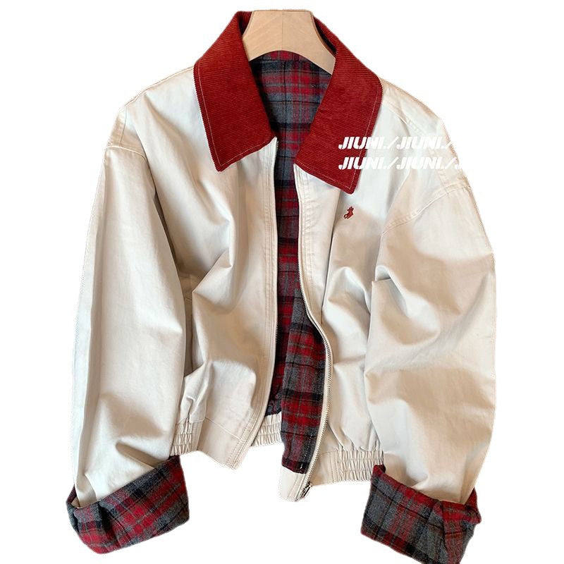 American lapel embroidered jacket 2025 spring and autumn new large size casual retro sweet cool baseball top contrasting colors