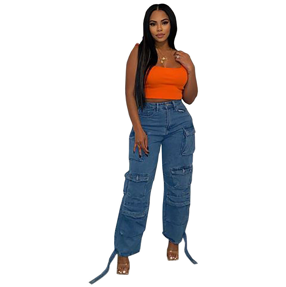European and american style women's jeans - 's hottest fashion trend: multi-pocket cargo pants, plus size african denim