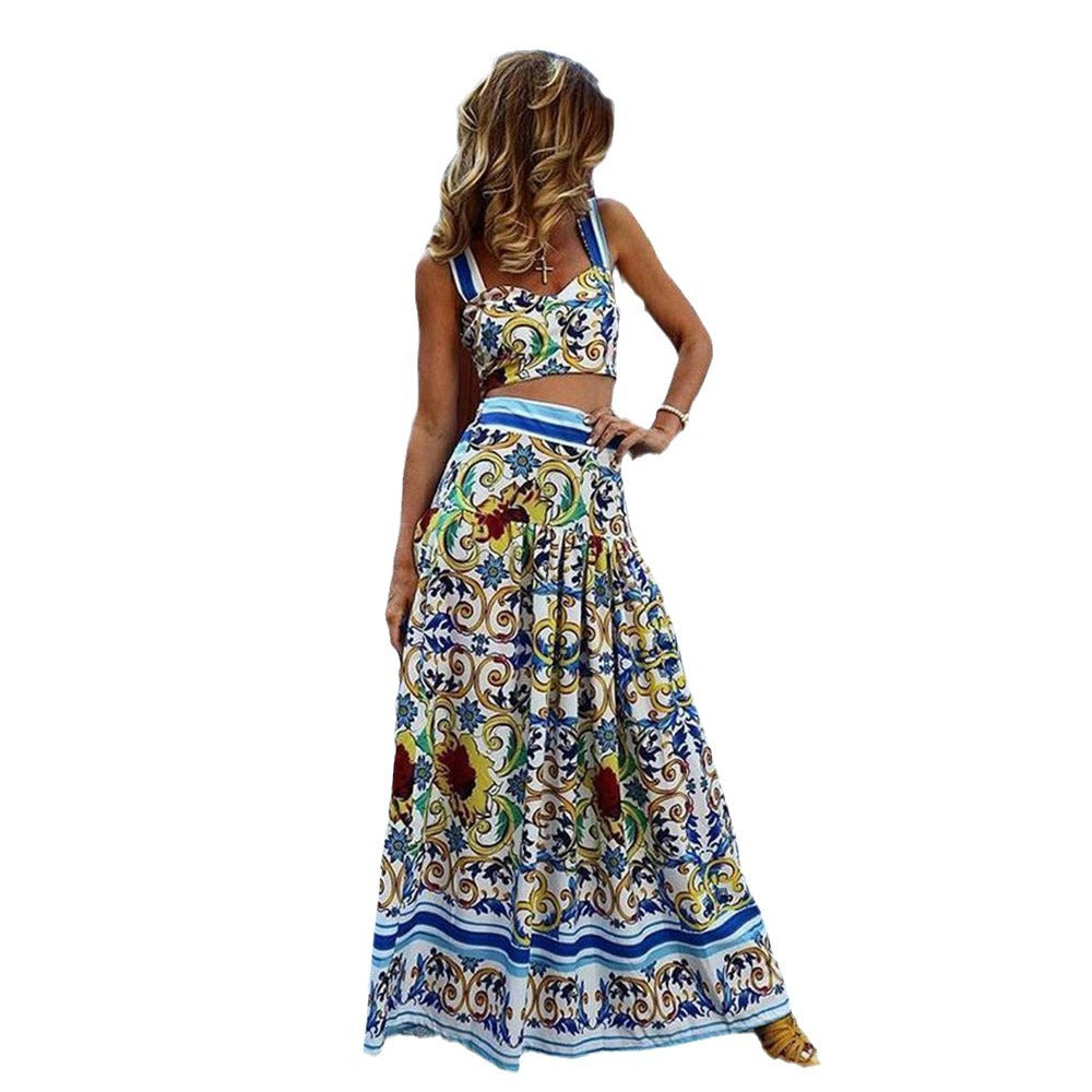 2025 spring/summer new european and american style women's sexy & chic camisole print dress set - beach dress two-piece outfit