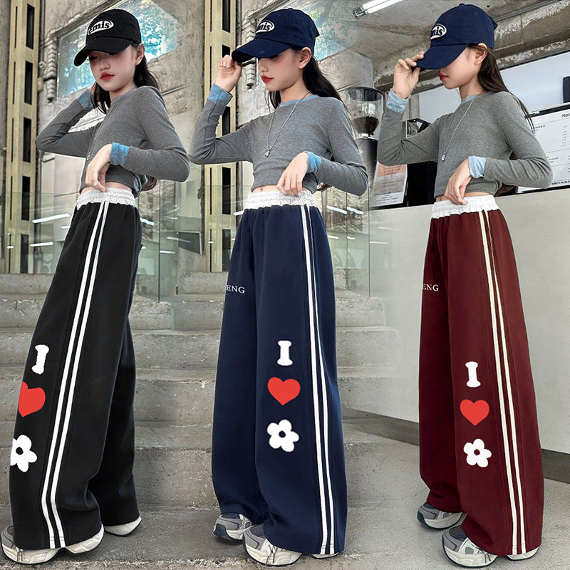 Girls'  fleece-lined casual autumn new arrivals: wide-leg pants for girls, heart-patterned sweatpants for students, loose-fit pants for mid-to-large children