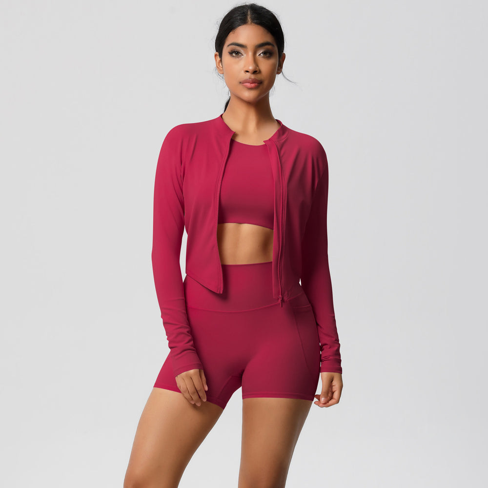 Solid color fleece-lined yoga set: quick-dry activewear with cloud-like comfort, featuring pockets – perfect for outdoor leisure, running, and fitness (3-piece set)