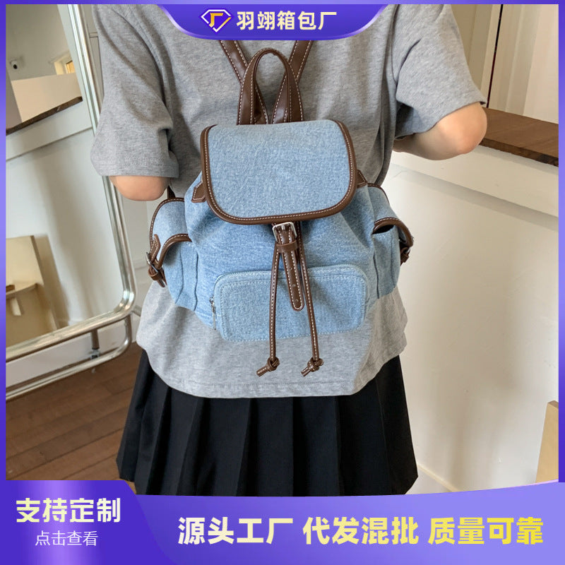 Cross-border denim backpack female large-capacity leisure student class schoolbag outdoor mountaineering light travel backpack