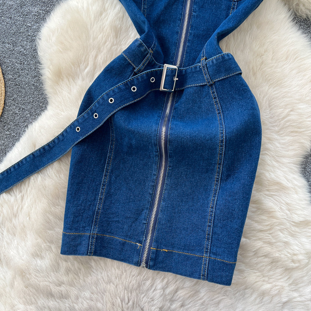 Frenchretro stylework clothing lapel zipper denimdress women's summerk-stylehigh waist waist slimming look a-line skirt