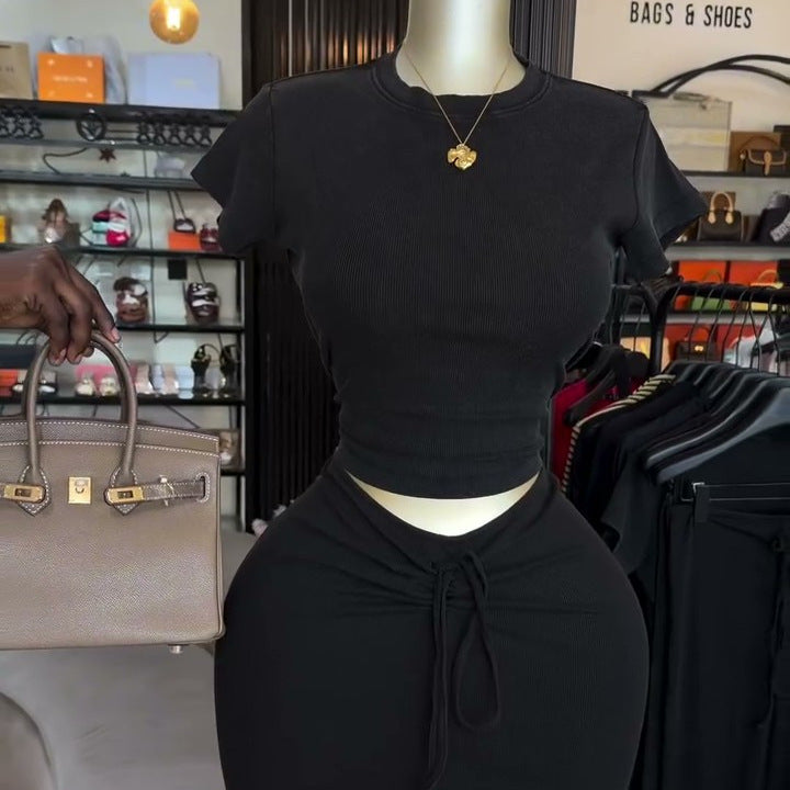 European and american cross-border women's fashion:  summer new arrival - elegant round neck short sleeve t-shirt and tie-waist bodycon midi skirt set