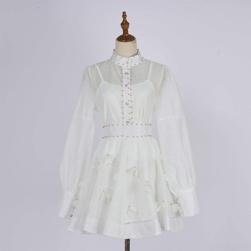 Export spring and summer stand-up collar lantern long sleeves waist single-breasted beaded shirt tops+a-line skirt skirt suit