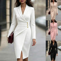 European and american new arrival: elegant slim-fit solid color blazer collar long sleeve dress with button accents