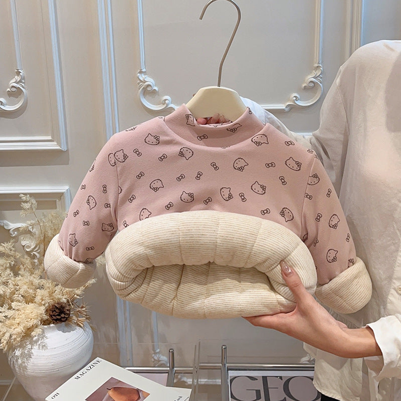Girls' autumn/winter three-layer quilted padded base layer top, baby girl long-sleeve top, base layer shirt, children's sweatshirt, kids' clothing