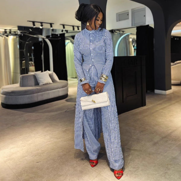 European and American women's fashion long-sleeved striped shirt long top women's casual trousers African new foreign style suit