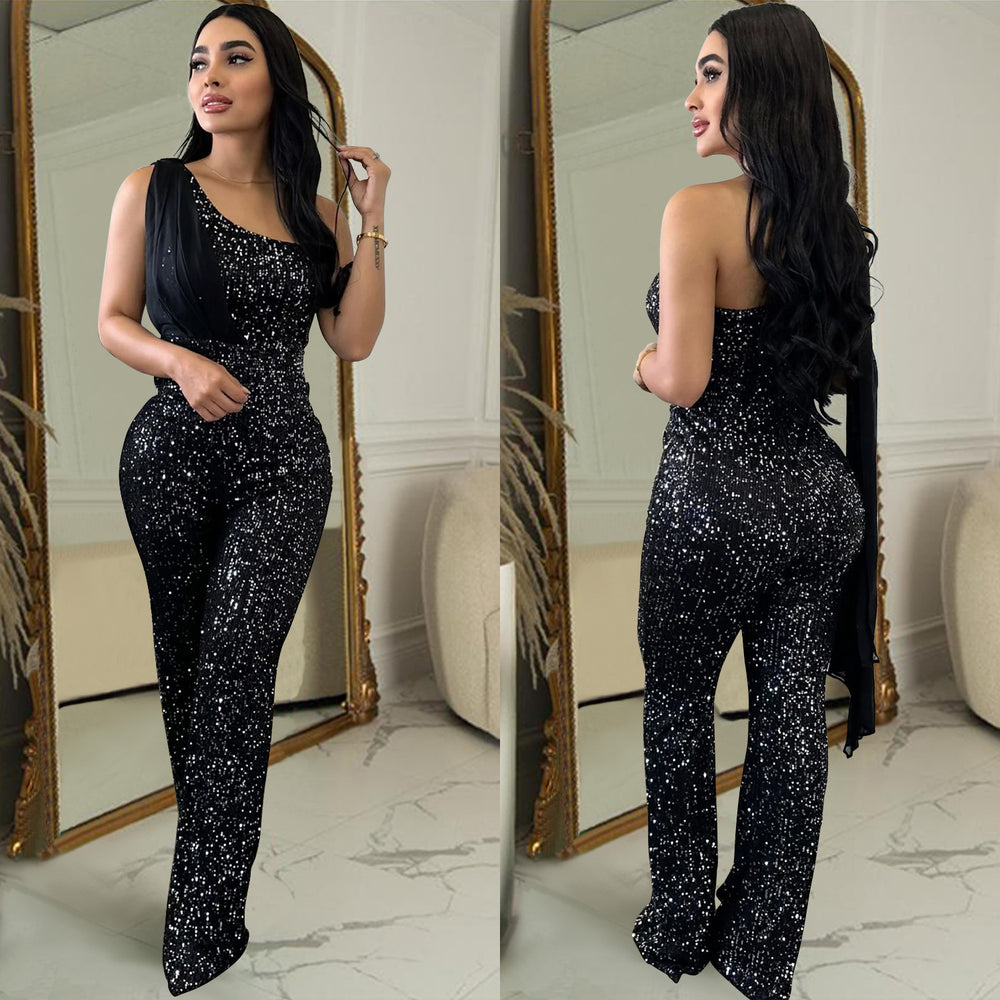C6778 cross-border   fashion women's solid color sleeveless one-shoulder sequin pants jumpsuit