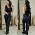 C6778 cross-border   fashion women's solid color sleeveless one-shoulder sequin pants jumpsuit