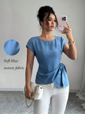cross-border fashion casual crew neck solid color asymmetrical ruffle hem tank top short sleeve top for  us & europe