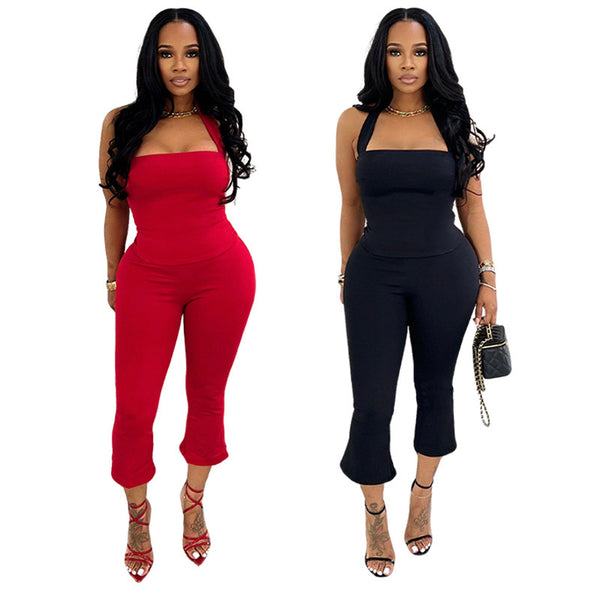 TD2801 European and American  women's clothing summer new tube top neck two-piece set solid color sexy slim pants set