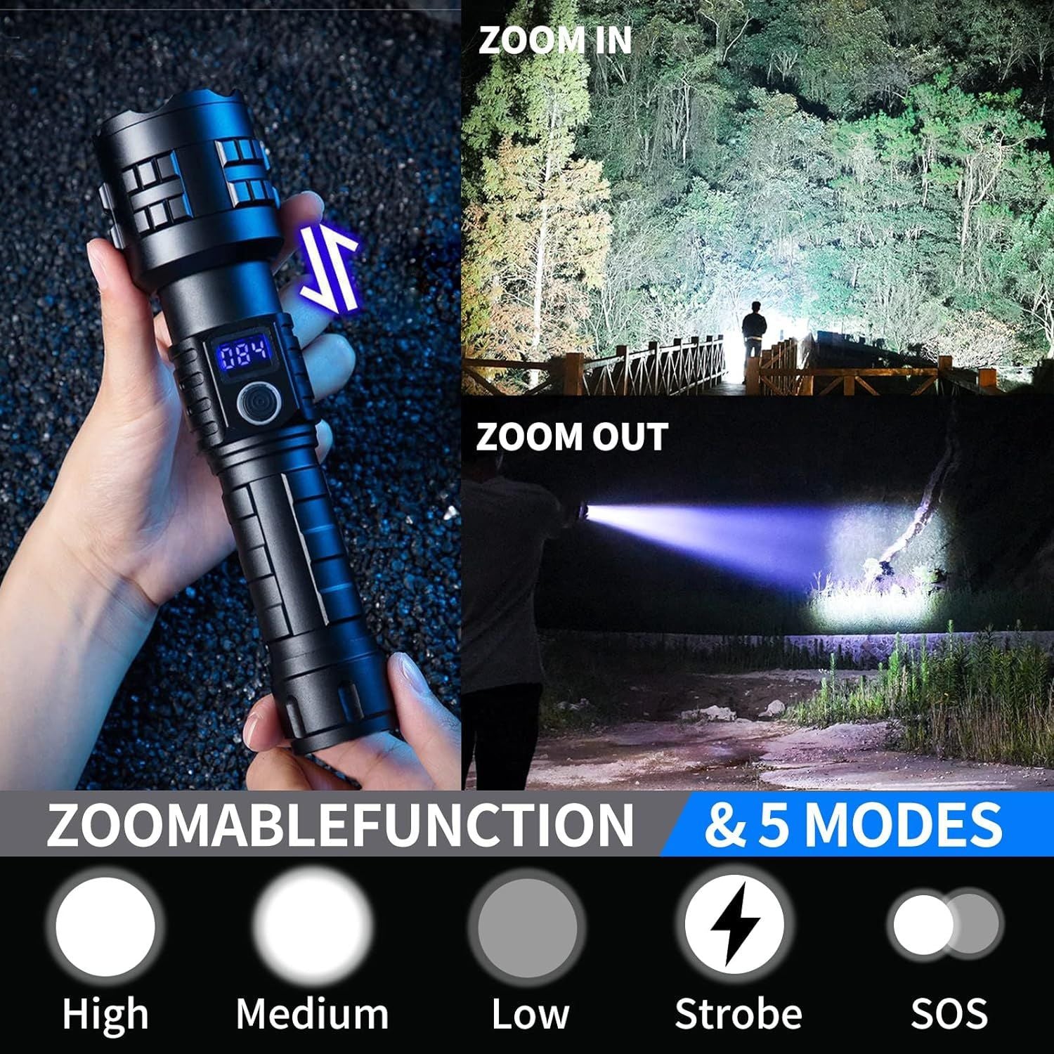 Cross-border explosive led strong light flashlight outdoor remote shooting type-c charging telescopic focusing household emergency flashlight