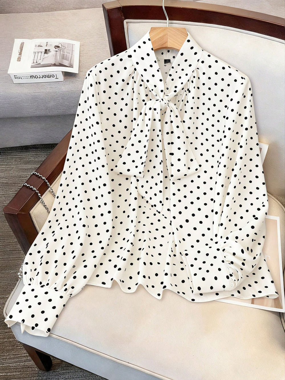 plus size retro polka dot ribbon tie blouse - bow collar, bubble sleeves, tummy control, versatile chiffon shirt