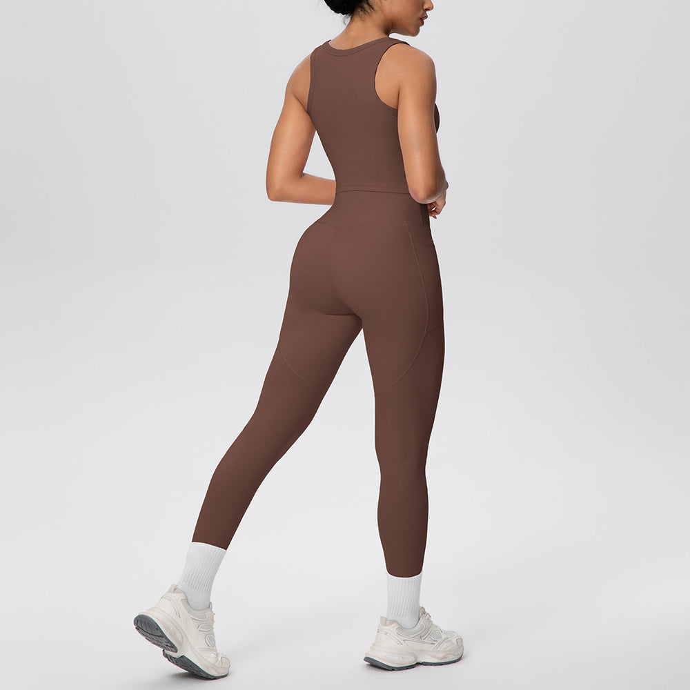 New arrival: cross-border double-sided brushed solid color breathable pocket long yoga outfit set - two-piece activewear for running and fitness