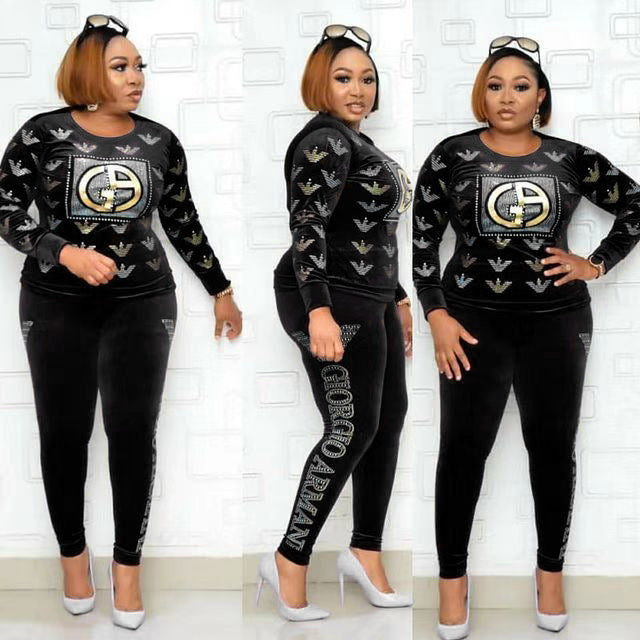 new winter collection: african-inspired hotfix rhinestone & beaded letter long sleeve tee + pencil pants fashion casual two-piece set