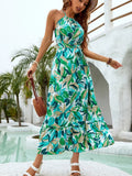 european and american  new arrival: women's beach dress - printed halter neck, tie-waist, long sleeveless dress