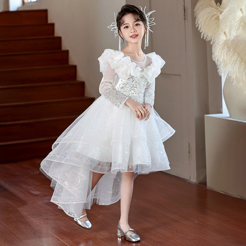 Girls' formal dresses, train, short front and long back, ready-made tulle skirts, girls' runway princess dresses, ready-to-ship for export, piano recital dresses