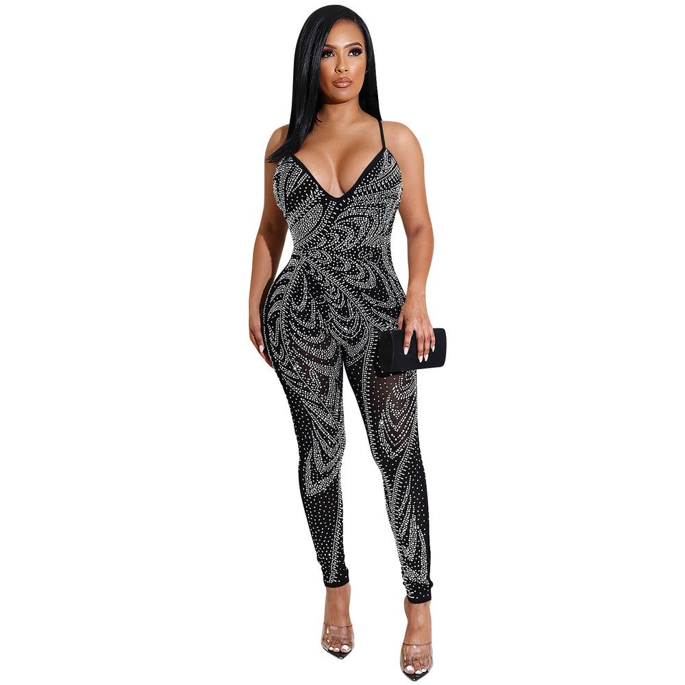 X5280 cross-border summer new arrivals: european and american style sexy nightclub mesh see-through milk silk camisole jumpsuit